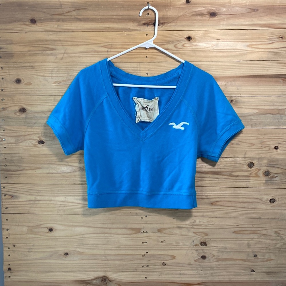 Hollister XS Deep V Neck Terry Cloth Short Sleeve Crop top. Turquoise. Used